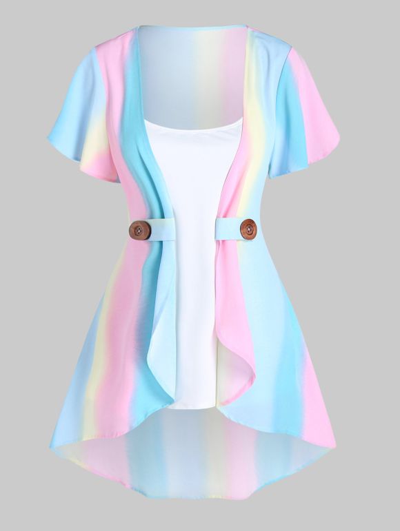 Ombre Rainbow Print Pastel Short Sleeve Top And Basic Pure Color Camisole Two Piece Set - multicolor XXXL