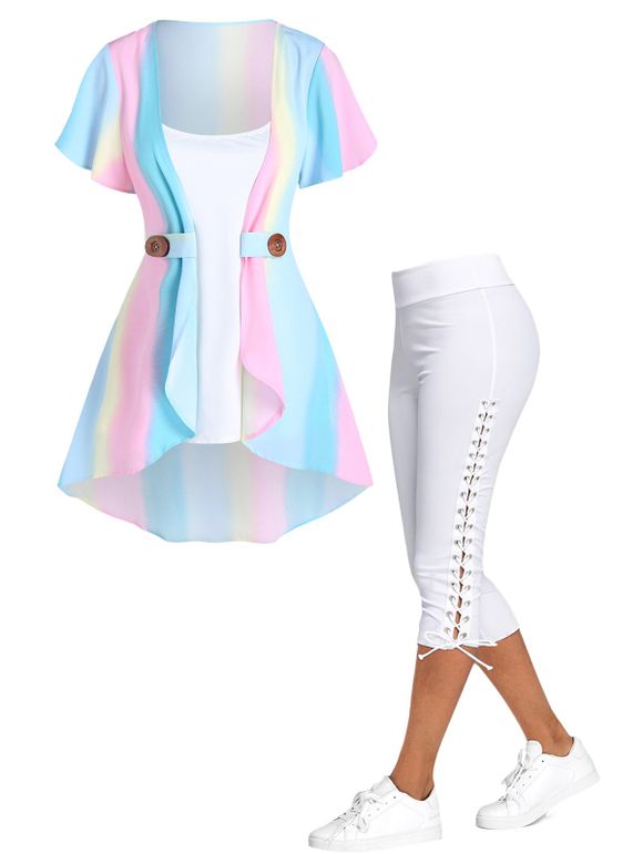 Ensemble de Débardeur D'été en Couleur Pure et Haut Court Imprimé Arc-en-Ciel et Legging à Lacets - multicolor S