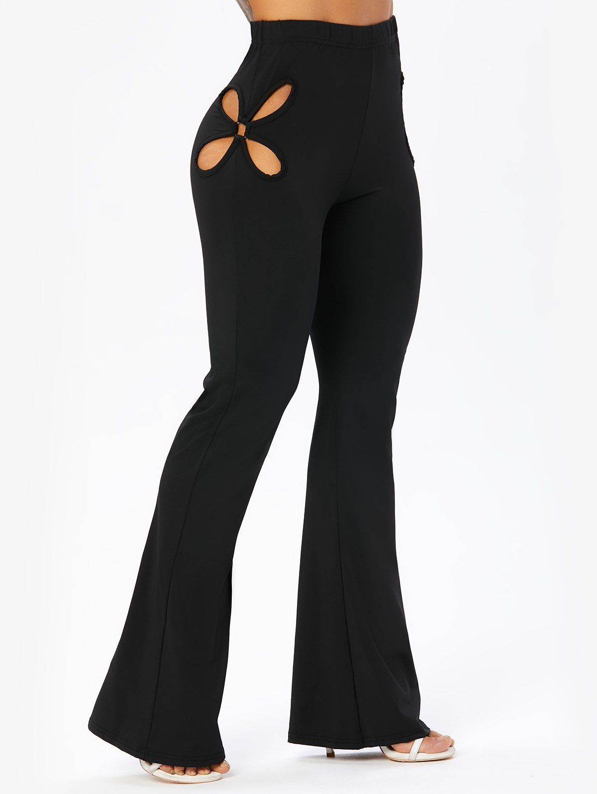 Pantalon Décontracté Long Découpé Fleur en Couleur Unie à Taille Elastique - Noir XL
