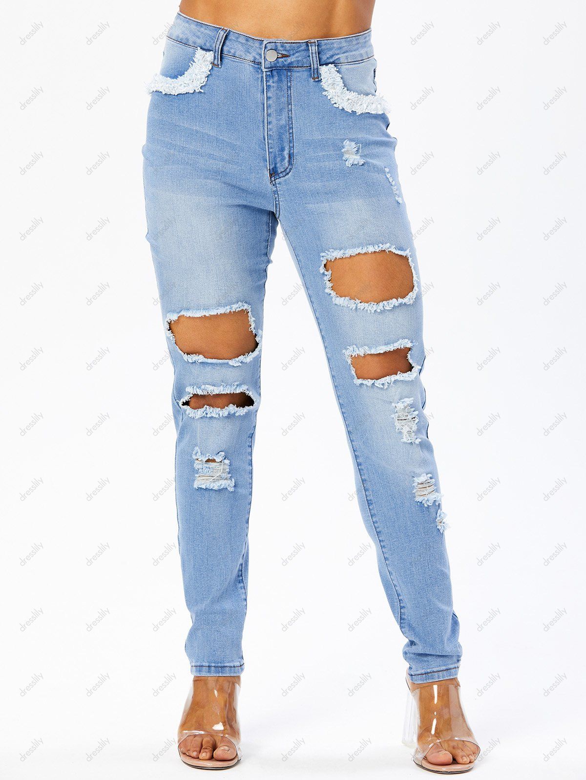 Skinny Jeans Ripped Mock Pockets Zipper Fly Light Wash Trendy Long Denim Pants 
