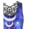 Sun Moon Galaxy Print Lace Hollow Out Tank Top and Capri Leggings Summer Casual Outfit - DEEP BLUE S