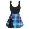 Plaid Print Lace Up Mini Dress And Gothic Square Buckle High Waist Capri Leggings Summer Outfit - multicolor S