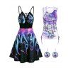 Galaxy Octopus Print Lace Up Dress Boho Dreamcatcher Cinched Tank Top And Butterfly Earrings Summer Outfit - multicolor S
