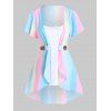 Ombre Rainbow Print Pastel Short Sleeve Top And Basic Pure Color Camisole Two Piece Set - multicolor XXXL