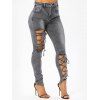 Lace Up Skinny Jeans Zipper Fly Pockets Hollow Out Casual Long Denim Pants - GRAY 27