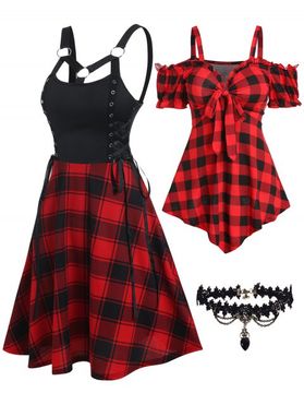 Plaid Print Lace Up A Line Dress And Bowknot Cold Shoulder T Shirt With Heart Pendant Lace Choker Outfit