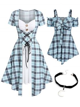 Plaid Print Lace Up Faux Twinset Dress And Cold Shoulder Puff Sleeve T Shirt With Moon Pendant Choker Outfit