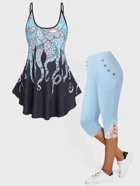 Flutter Hem Octopus Print Tank Top And High Waist Lace Applique Capri Leggings Summer Outfit