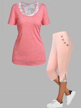 Heathered Twist Back T Shirt Flower Lace Tank Top And High Rise Lace Applique Skinny Capri Leggings Summer Outfit