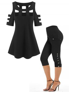 Gothic Style Plain Color Cold Shoulder Ladder Cut Out T Shirt And Mock Button High Waist Capri Leggings Summer Outfit