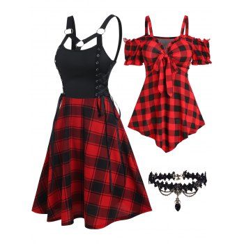 Plaid Print Lace Up A Line Dress And Bowknot Cold Shoulder T Shirt With Heart Pendant Lace Choker Outfit