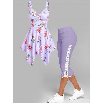 

Flower Print Ruched Handkerchief Tank Top And Lace Up Skinny Crop Leggings Casual Outfit, Light purple
