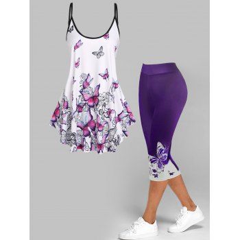 

Butterfly Print Tank Top And High Waist Skinny Capri Legging Summer Outfit, Purple