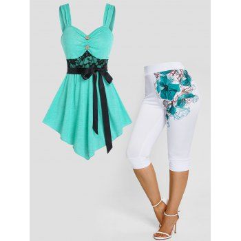 

Flower Lace Insert Mock Button Belted Tank Top and Capri Leggings Casual Outfit, Multicolor