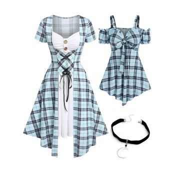 

Plaid Print Lace Up Faux Twinset Dress And Cold Shoulder Puff Sleeve T Shirt With Moon Pendant Choker Outfit, Light blue