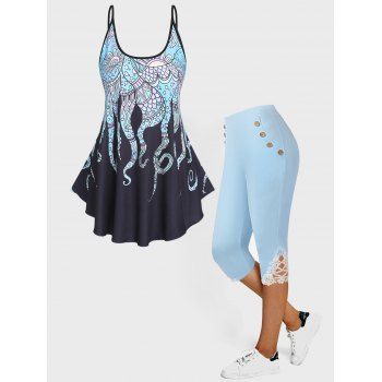 

Flutter Hem Octopus Print Tank Top And High Waist Lace Applique Capri Leggings Summer Outfit, Light blue