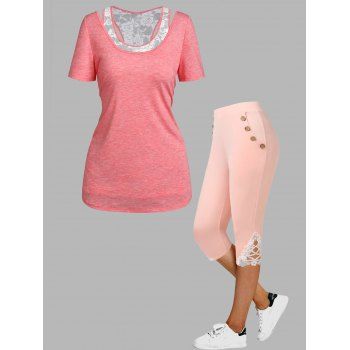 

Heathered Twist Back T Shirt Flower Lace Tank Top And High Rise Lace Applique Skinny Capri Leggings Summer Outfit, Light pink