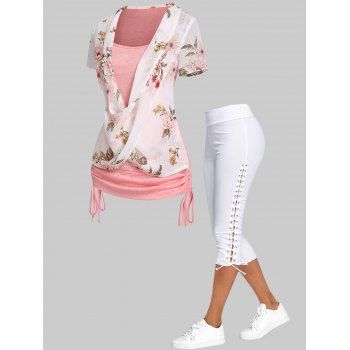 

Crossover Ruched Cinched Flower 2 In 1 T Shirt and Lace Up Crop Leggings Summer Casual Outfit, Multicolor