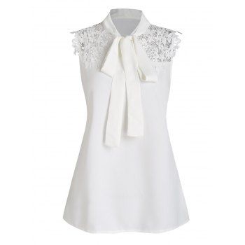 

Casual Shirt Solid Color Bowknot Floral Lace Panel Hollow Out Sleeveless Summer Shirt, White