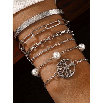 Fashion Women 6 Pcs Bracelets Hollow Out Tree of Life Faux Pearl Geometric Vacation Bracelets Set Jewelry Online Silver