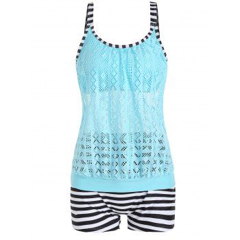 

Modest Tankini Swimsuit Striped Print Swimwear Lace Cut Out Boyshorts Summer Beach Bathing Suit, Light blue