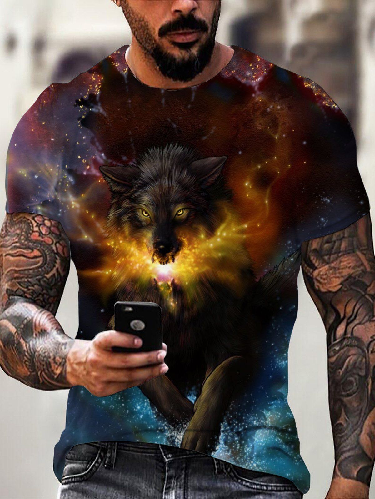 T-shirt Perforé à Imprimé 3D Loup Galaxie - multicolor L