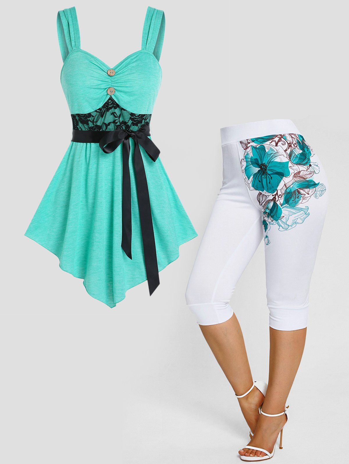 Flower Lace Insert Mock Button Belted Tank Top and Capri Leggings Casual Outfit - multicolor S