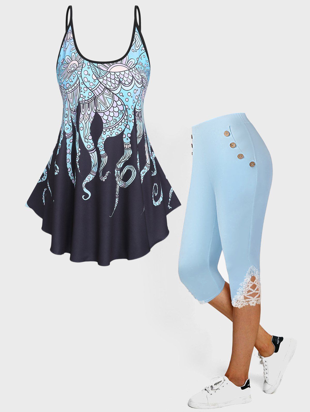 Flutter Hem Octopus Print Tank Top And High Waist Lace Applique Capri Leggings Summer Outfit - LIGHT BLUE S