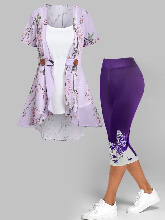 Peach Blossom Print Irregular Blouse and Camisole Set And Butterfly Print Skinny Capri Leggings Summer Outfit - PURPLE S