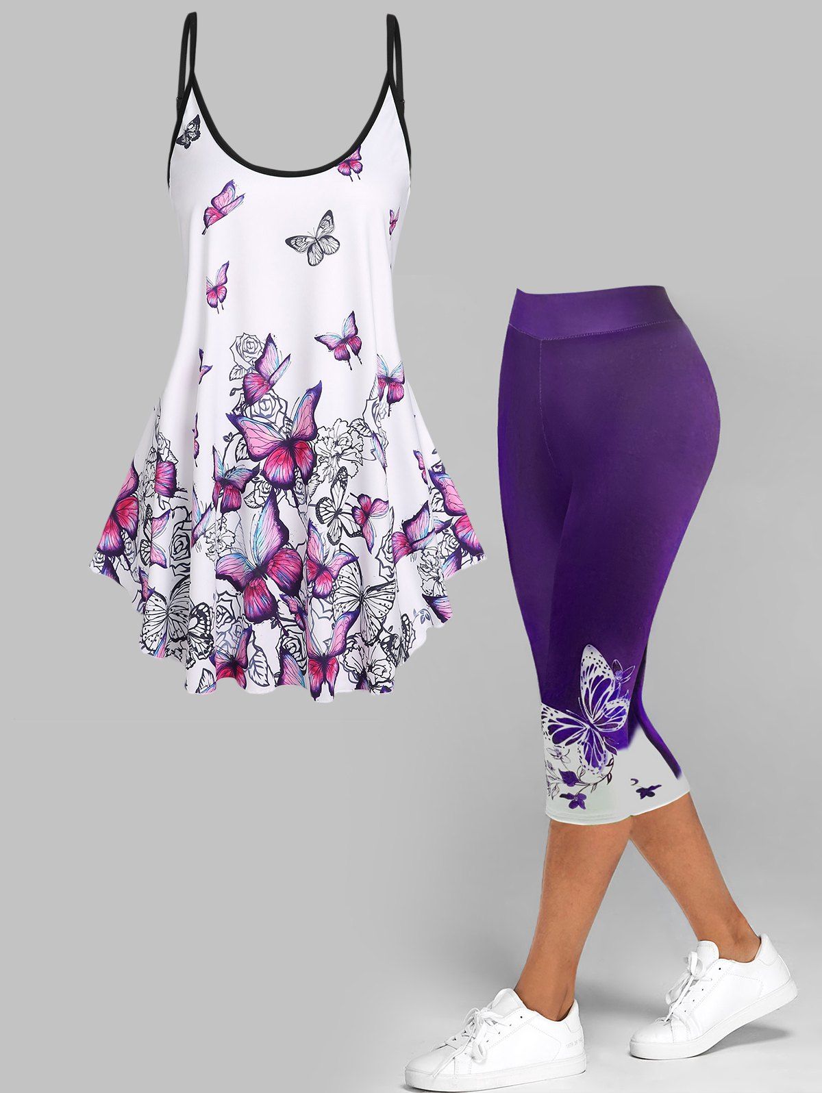 Butterfly Print Tank Top And High Waist Skinny Capri Legging Summer Outfit - PURPLE S