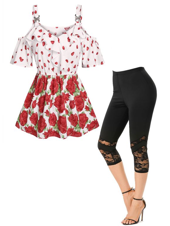 Legging Corsaire D'Eté à Imprimé Rose en Dentelle à Epaule Dénudée à Volants - multicolor S