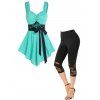 Rose Lace Insert Mock Button Belted Skirted Tank Top and Capri Leggings Summer Casual Outfit - multicolor S