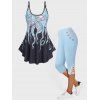 Flutter Hem Octopus Print Tank Top And High Waist Lace Applique Capri Leggings Summer Outfit - LIGHT BLUE S