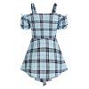 Plaid Print Lace Up Faux Twinset Dress And Cold Shoulder Puff Sleeve T Shirt With Moon Pendant Choker Outfit - LIGHT BLUE S