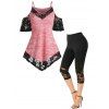 Flower Lace Insert Space Dye Print Cold Shoulder T Shirt And High Waist Capri Leggings Summer Outfit - multicolor S