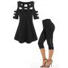 Gothic Style Plain Color Cold Shoulder Ladder Cut Out T Shirt And Mock Button High Waist Capri Leggings Summer Outfit - BLACK S