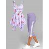 Flower Print Ruched Handkerchief Tank Top And Lace Up Skinny Crop Leggings Casual Outfit - LIGHT PURPLE S