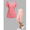 Heathered Twist Back T Shirt Flower Lace Tank Top And High Rise Lace Applique Skinny Capri Leggings Summer Outfit - LIGHT PINK S