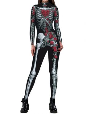 Combinaison à Manches Longues à Imprimé Squelette et Rose 3D Halloween