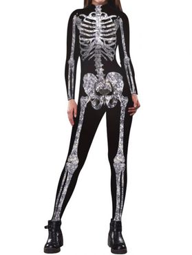 Halloween Jumpsuit Skeleton 3D Print Gothic Jumpsuit Long Sleeve Back Zipper High Neck Jumpsuit