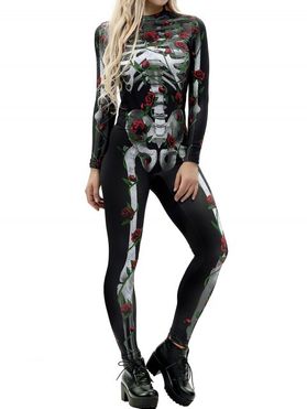 Halloween Jumpsuit Skeleton Rose Flower 3D Print Gothic Jumpsuit Long Sleeve Back Zipper High Neck Jumpsuit