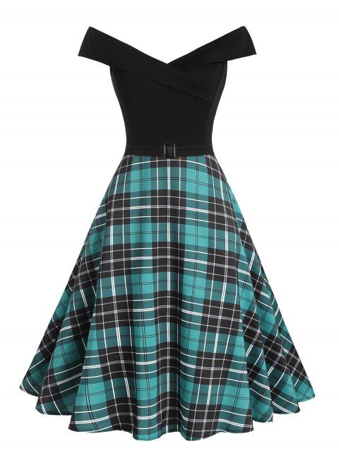 Vintage Dress Plaid Print Off The Shoulder Dress Crossover Belt A Line Dress