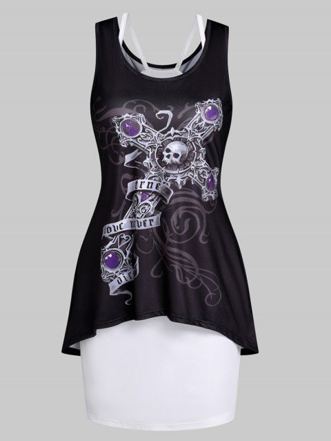 Skull Cross Print Tank Dress And Cami Dress Two Piece Set