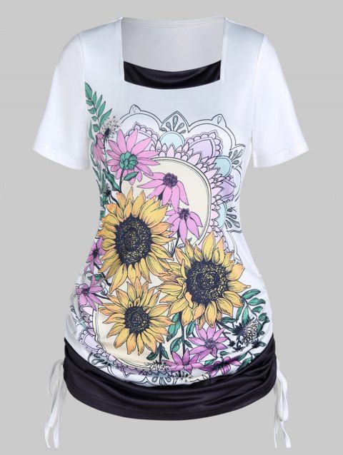 Summer T Shirt Sunflower Print T-shirt Cinched Tie Colorblock Tee Short Sleeve T Shirt