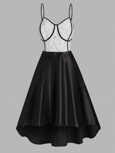High Low Party Dress Contrast Piping Flower Mesh Insert Prom Dress Spaghetti Straps A Line Dress