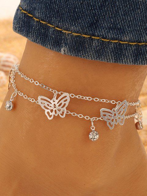 Beach Anklet Solid Color Hollow Out Butterfly Charms Rhinestone Layered Vacation Ankle Chain