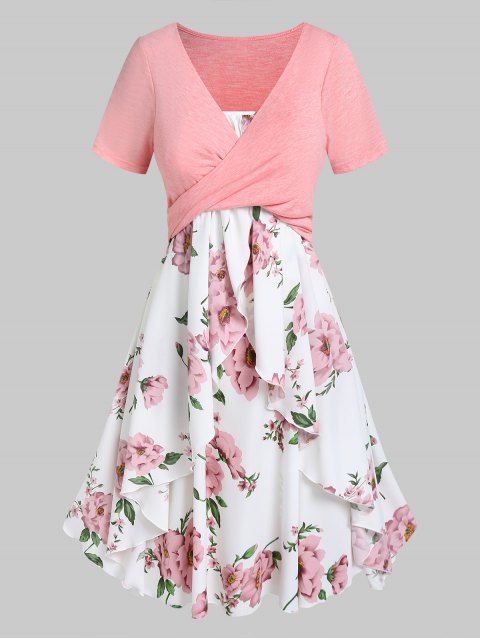 Plus Size & Curve Dress Cottagecore Flower Print Tulip Cami Dress Space Dye Print Crossover Crop Top Set