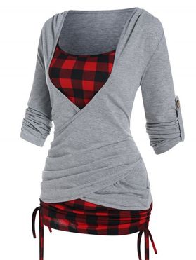 Plaid Print Faux Twinset T Shirt Crossover Ruched Cinched Tie Long Sleeve 2 In 1 Tee