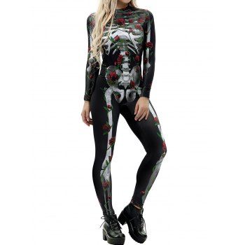Women Halloween Jumpsuit Skeleton Rose Flower 3D Print Gothic Jumpsuit Long Sleeve Back Zipper High Neck Jumpsuit Clothing S Black
