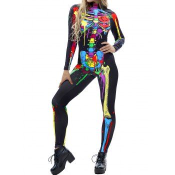 

Halloween Jumpsuit Skeleton Colorful Painting 3D Print Gothic Jumpsuit Zipper Back Long Sleeve High Neck Jumpsuit, Black